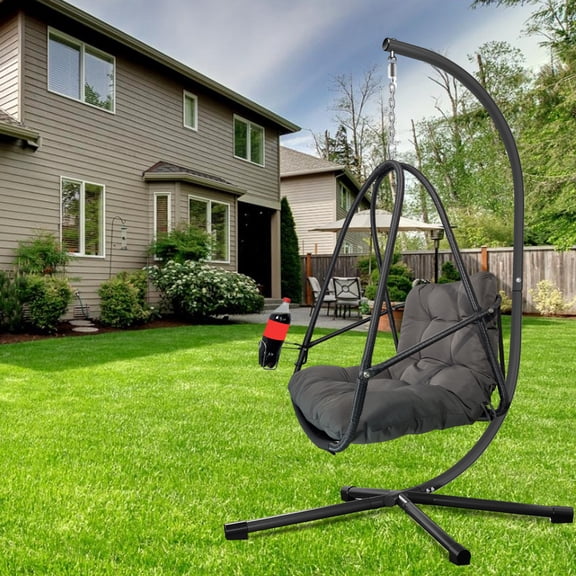 Swing Egg Chair with Stand Indoor Outdoor Wicker Rattan Hanging Chair C Type Bracket Cushion Pillow Cup Holder Black