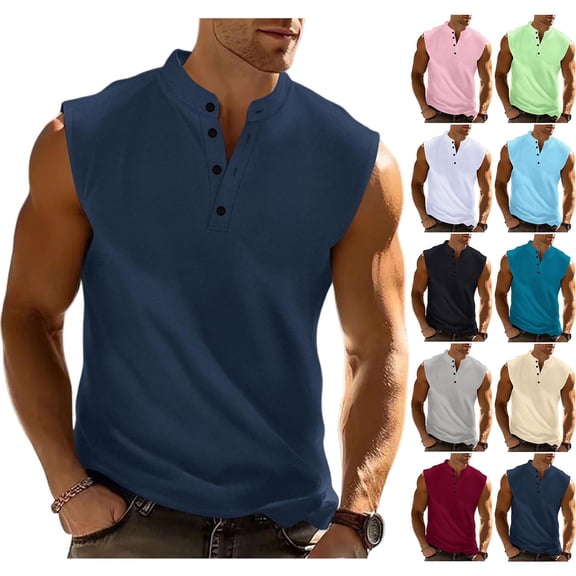 XUNKUSGA Tank Tops Men Fashion Sleeveless Slim Fit Henley Shirt Lightweight Workout Gym Men's Tank Tops Casual Basic Summer Beach Tops with Button S-3XL Black