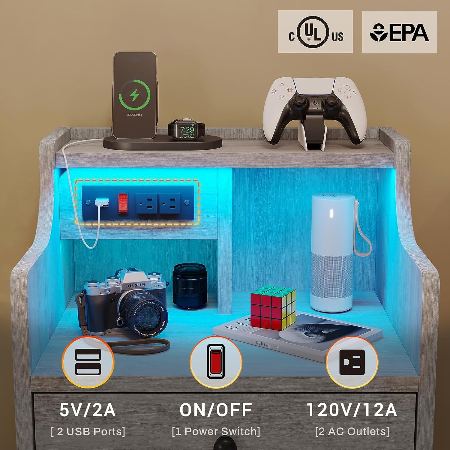 Night Stand with Charging Station and LED Ligts,LED Nightstand with 3 Drawers and Hutch,Bedside Table with Shelves,Grey