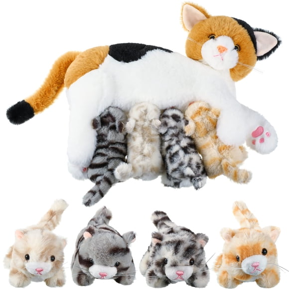 Skylety Nurturing Cat Stuffed Animal with 4 Plush Kittens, Cats Baby Stuffed for Girls Boys Plushy Mommy Kitty with Baby Kittens for Valentine Birthd