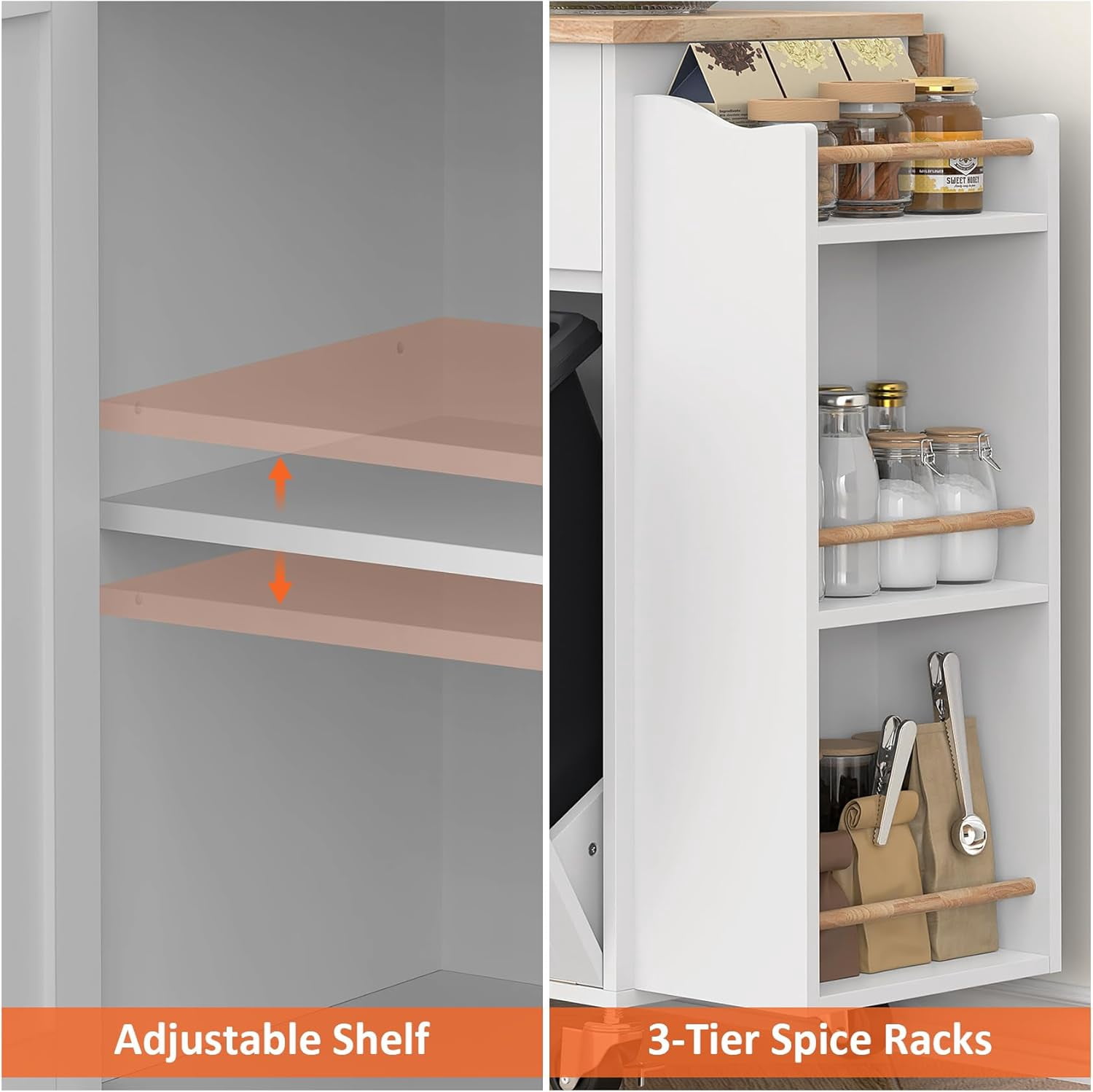 Frmobepts Rolling Kitchen Island with Drop Leaf, Tilt Out Kitchen Trash Cabinet 10 Gallon Storage, Kitchen Cart Island with Rubber wood Top, Spice Rack and Drawers,White