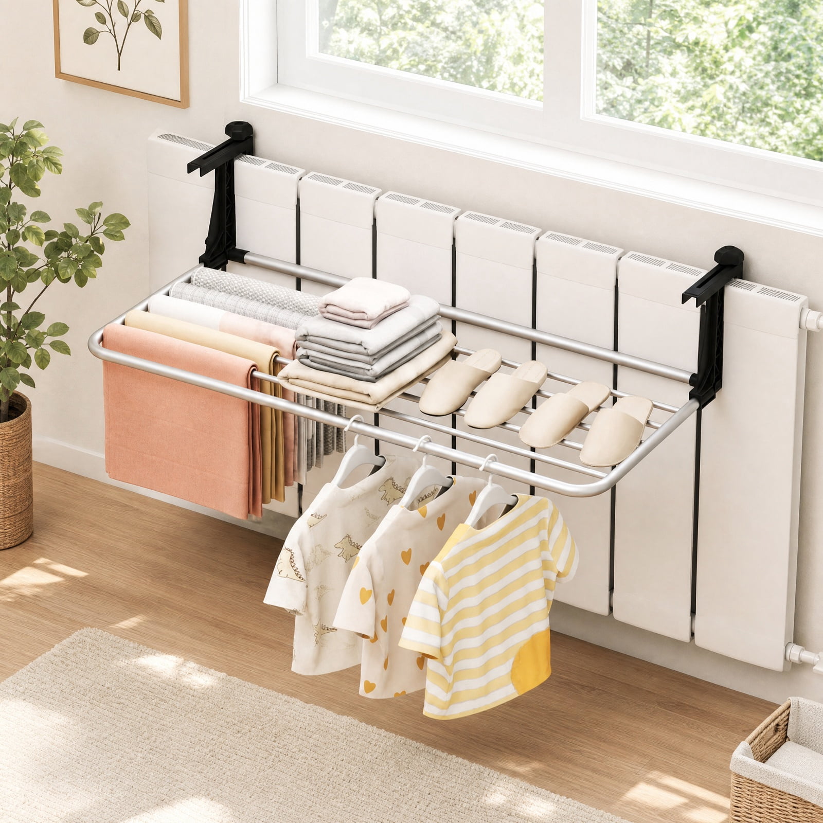 Vebreda Foldable Clothes Drying Rack, Portable Clothes Drying Rack Extendable Radiator Clothes Airer, Robust Aluminum Frame, Adjustable Distance