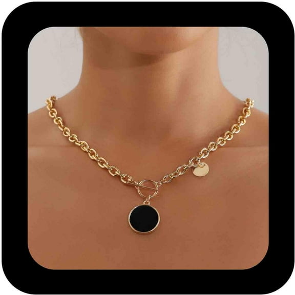 Bohemian Enamel Disc Choker Necklace Gold Paperclip Link Chain Necklace Black Enamel Coin Pendant Necklace Round Disc Toggle Clasp Necklace Jewelry for Women