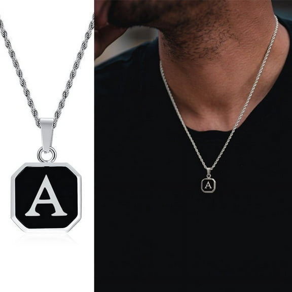 A-Z Initial Letters Men Necklaces, Geometric Pendant with Box Cuban Rope Chain, Stainless Steel Square Simple Collar