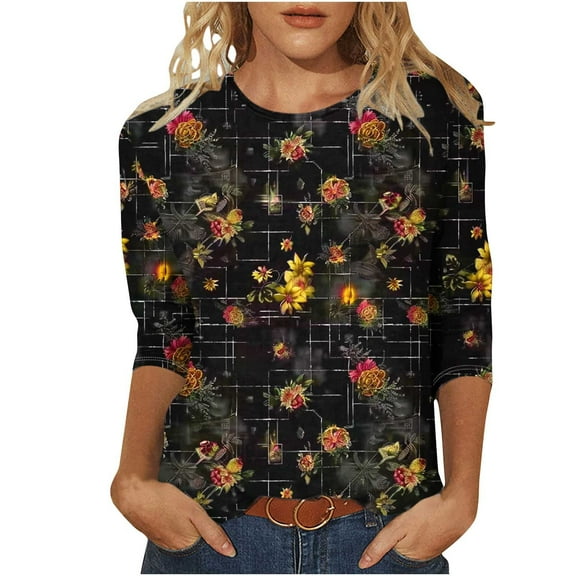 CYMMPU Loose Fit Round Neck Flower Pattern Fall Fashion Shirts Spring Tunic Tops 3/4 Sleeve Blouses for Women Dressy Casual Lightweight Basic T-Shirts Multicolor M