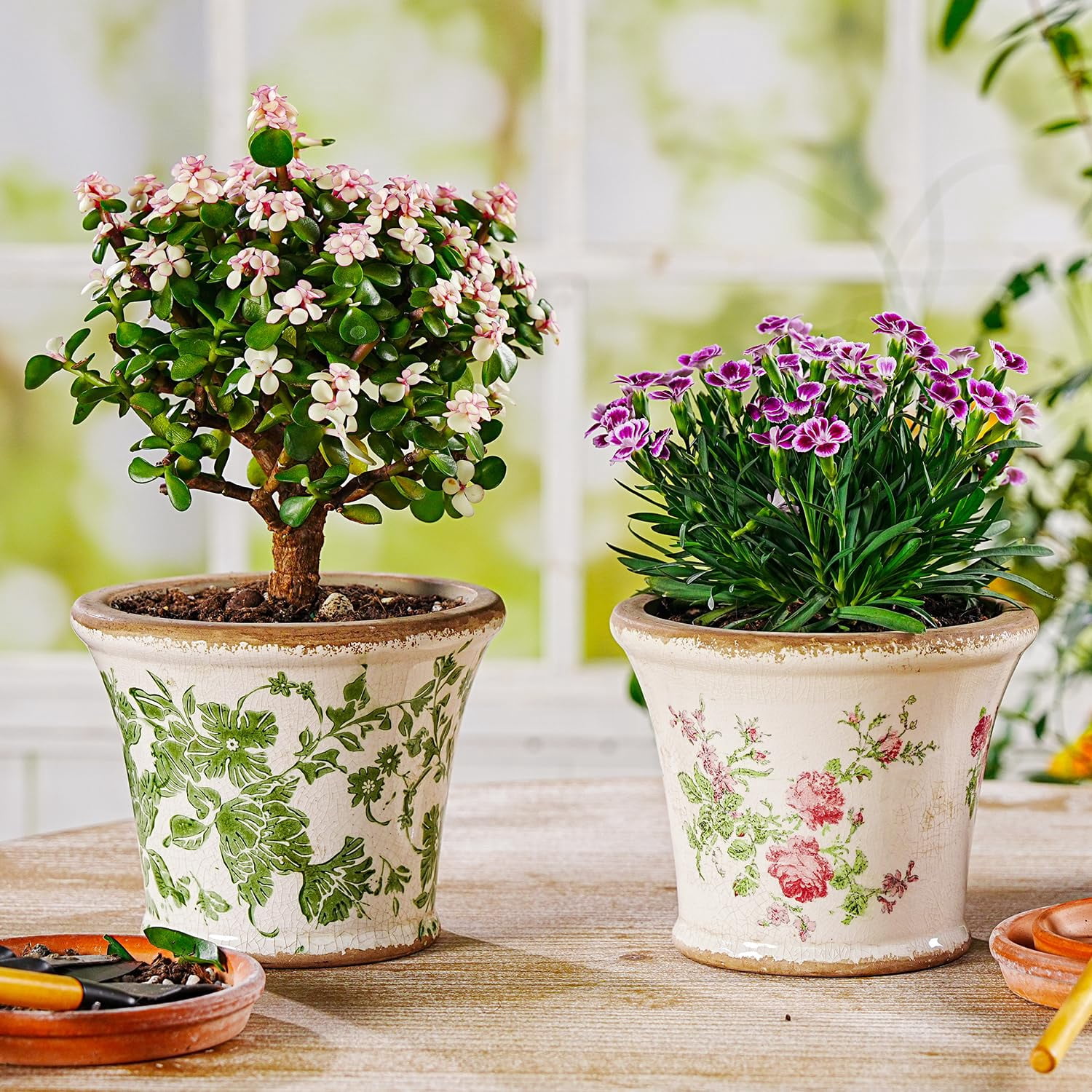 Sungmor Set of 2 Vintage Ceramic Flower Pots with Drainage Hole - Rustic Farmhouse Planters with Crackle Glaze & Floral Prints - Indoor Outdoor Decorative Plant Pots for Succulents, Herbs, Flowers