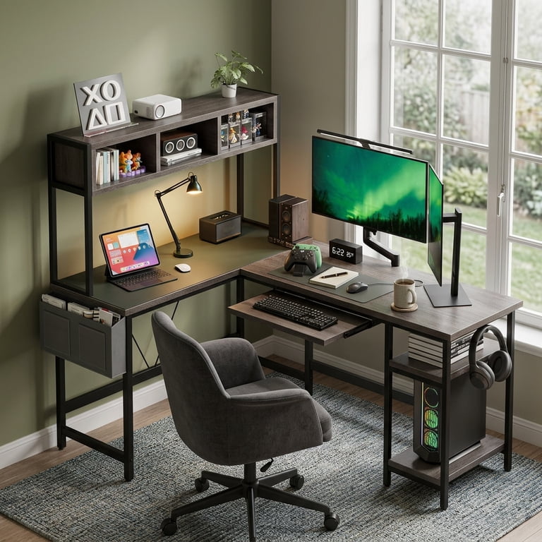 EDX 67'' L Shaped Computer Desk with LED Light, Shelf & Storage