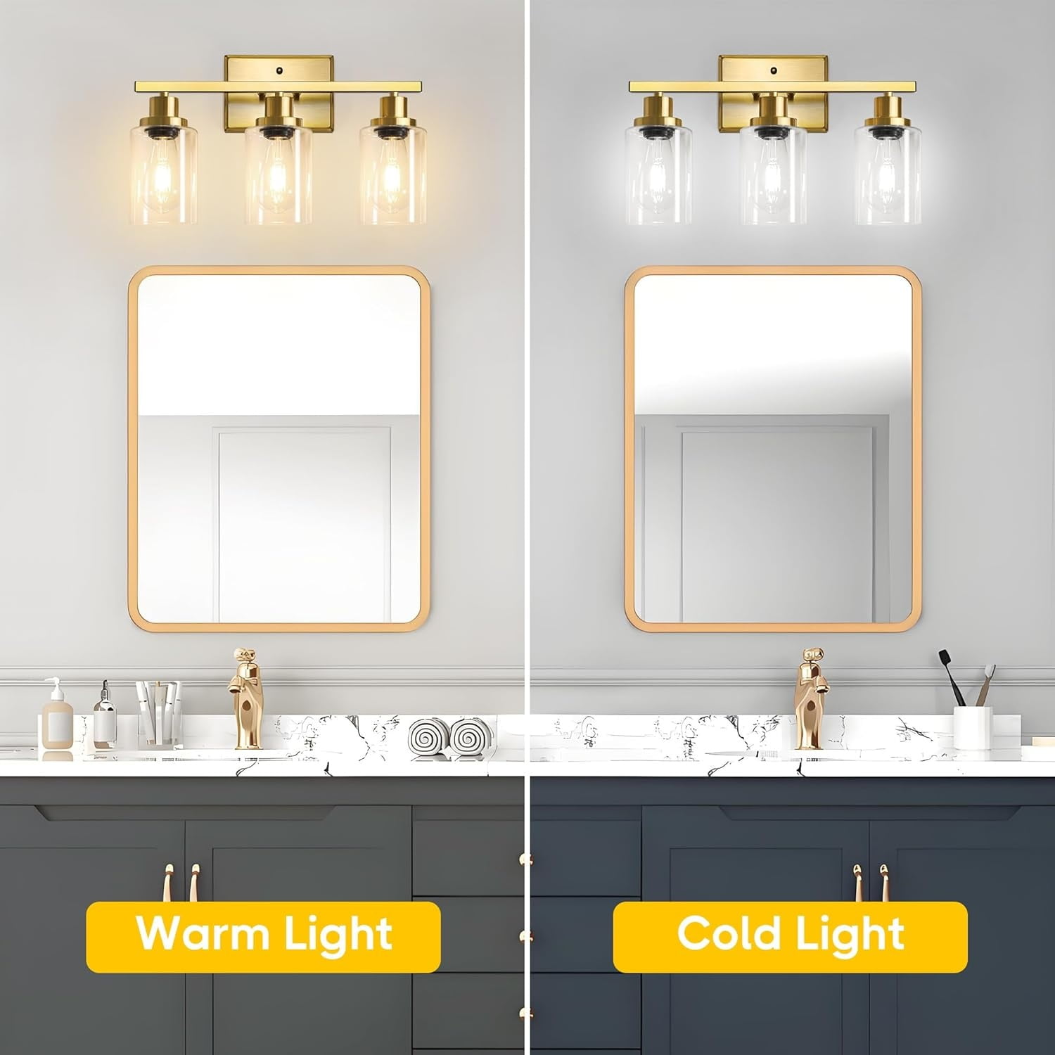Bathroom Vanity Light Fixtures, 3 Light Wall Sconces Lighting with Clear Glass Shade, Gold Wall Lights for Mirror, Kitchen, Living Room, Gallery, E26 Base (Bulbs Not Included)