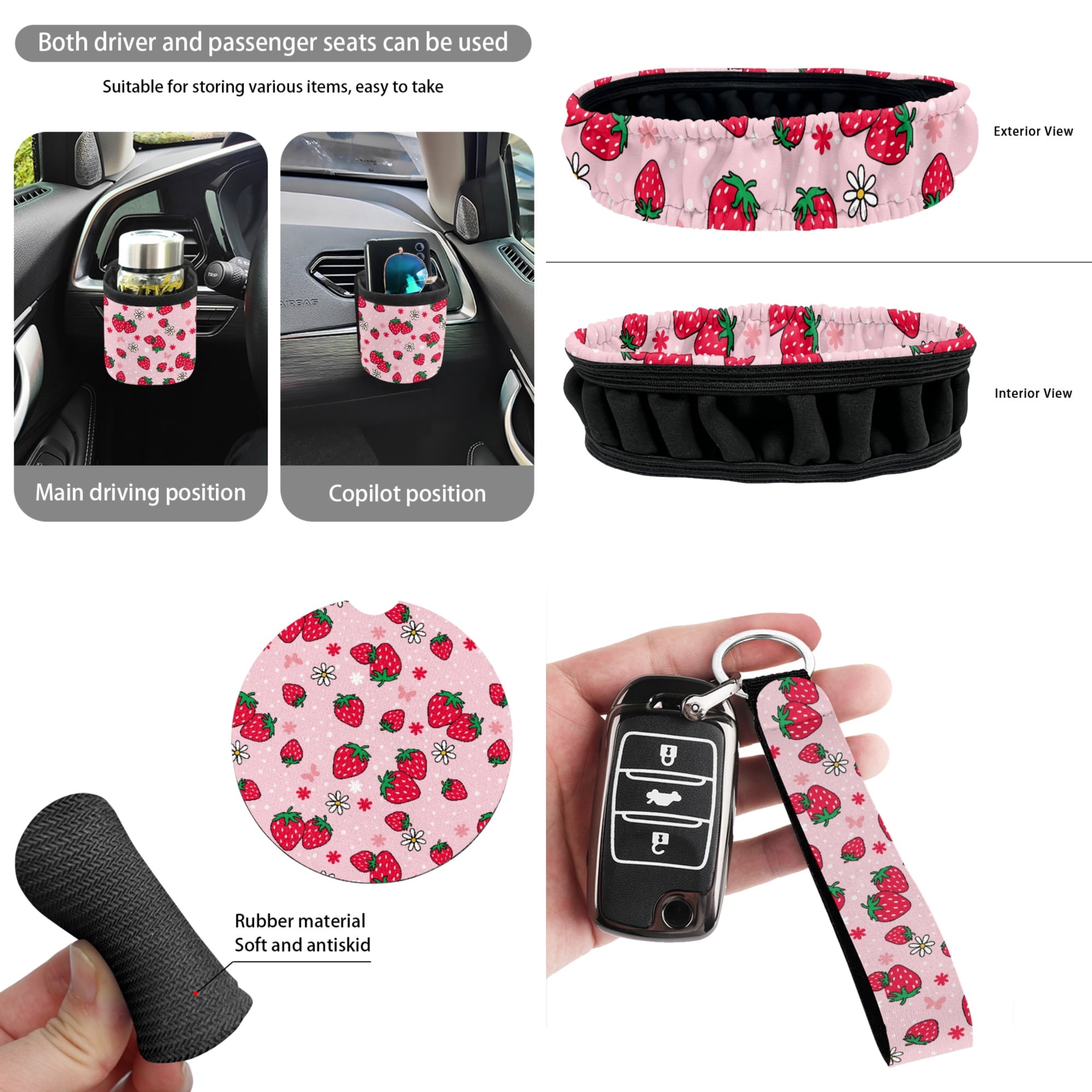 Yuyamidu 15 PCS Strawberry Car Seat Cover Set Pink Steering Wheel Cover Seat Belt Pad Cover Trash Bin Rear View Mirror Cover Cup Holders Keychain Air Vent Storage Holder Car Decor