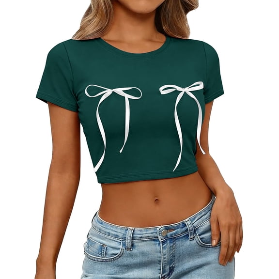 MEICHEN Womens Tie Front T Shirts Crop Tops Summer Trendy Basic Tees Casual Slim Fit Crew Neck Tshirts Cute Blouses