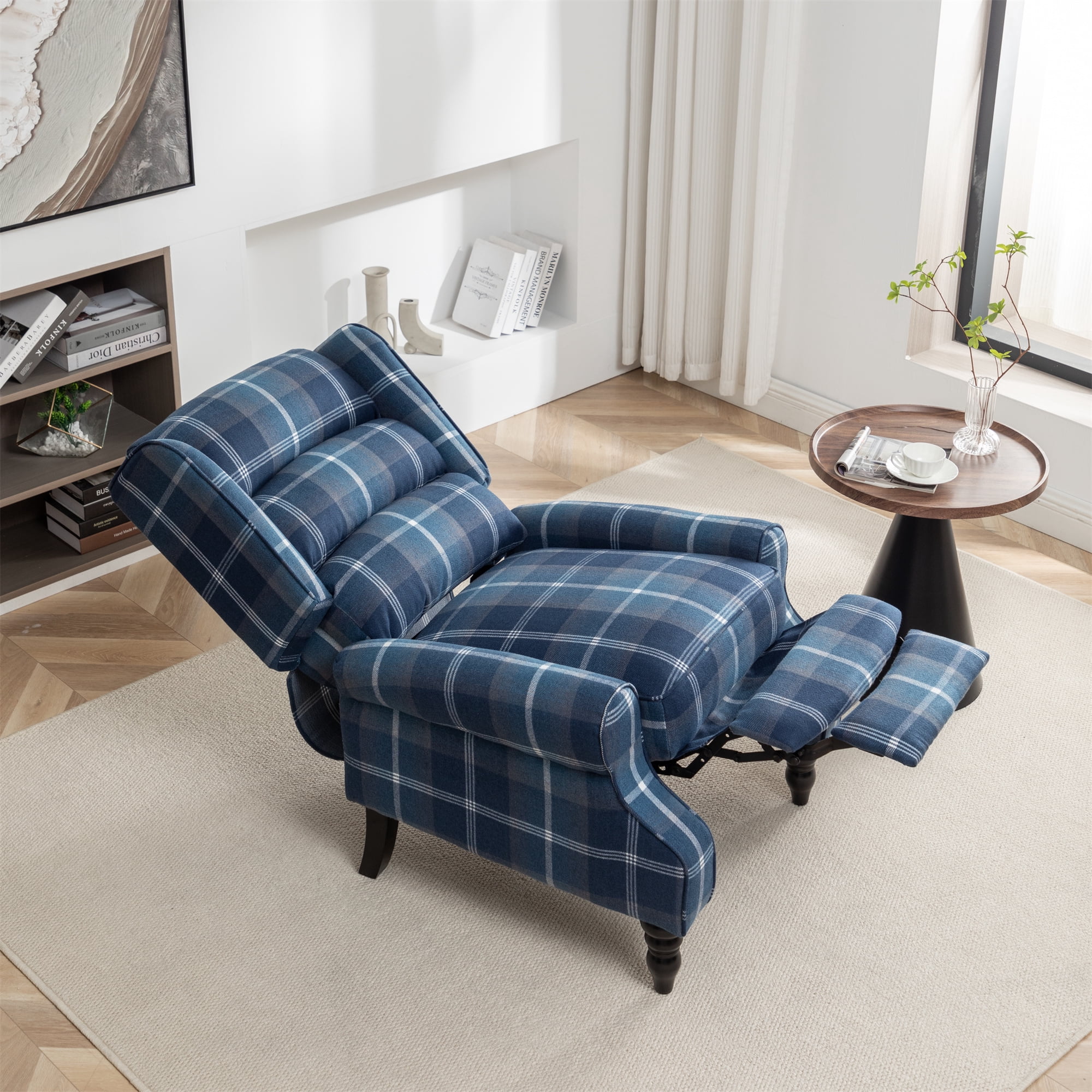 Upholstered Wingback Recliner Chair, Plaid Recliner Chair Armchair Adjustable Footrest Push Back Reclining Sofa, Mid Century Modern Lounge Armchair for Living Room, Bedroom, Reading -- Blue