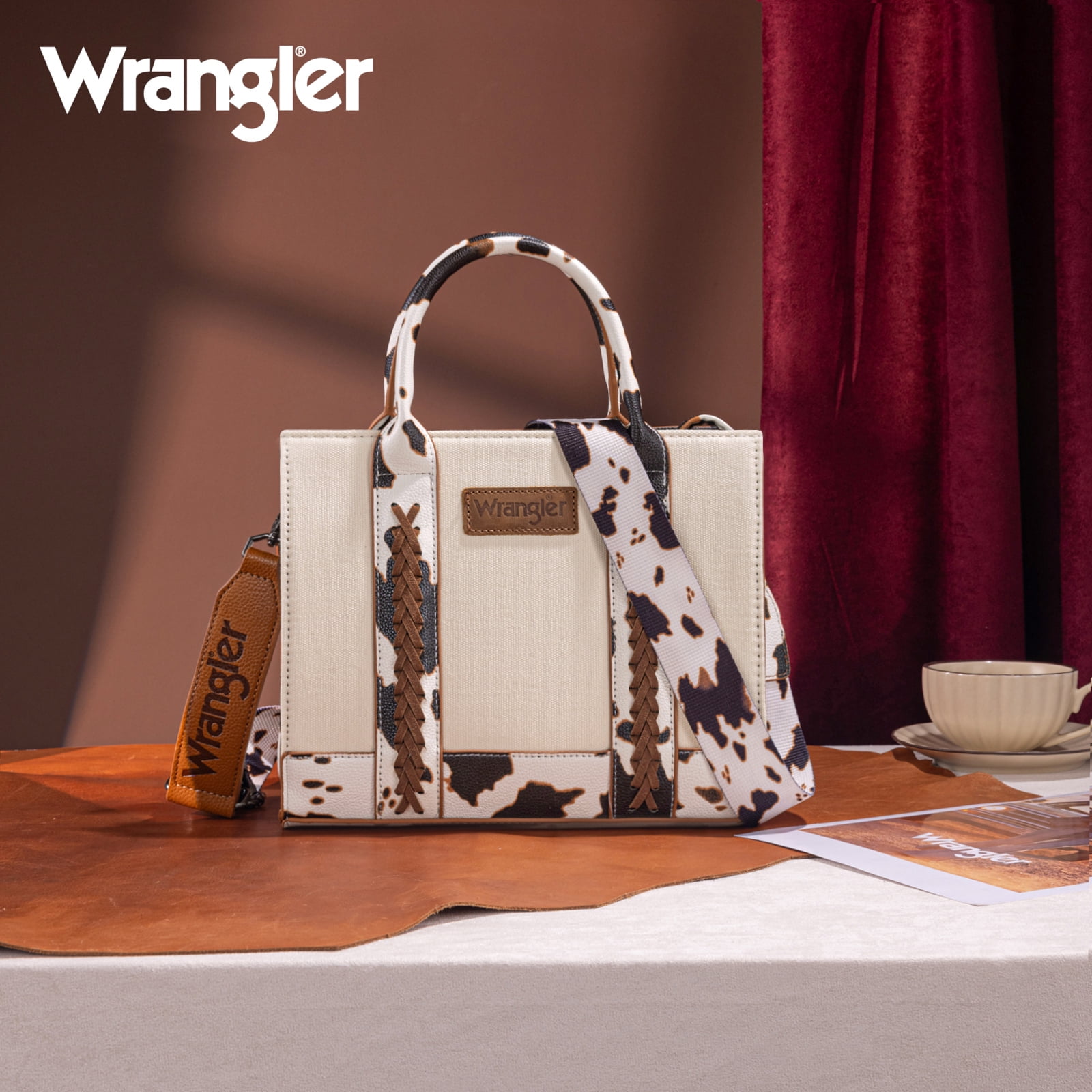 Wrangler Medium Tote Bag for Women Canvas Structured Satchel Purse with Braided Straps Top-handle Handbag with Zipper Pocket, COW-Brown