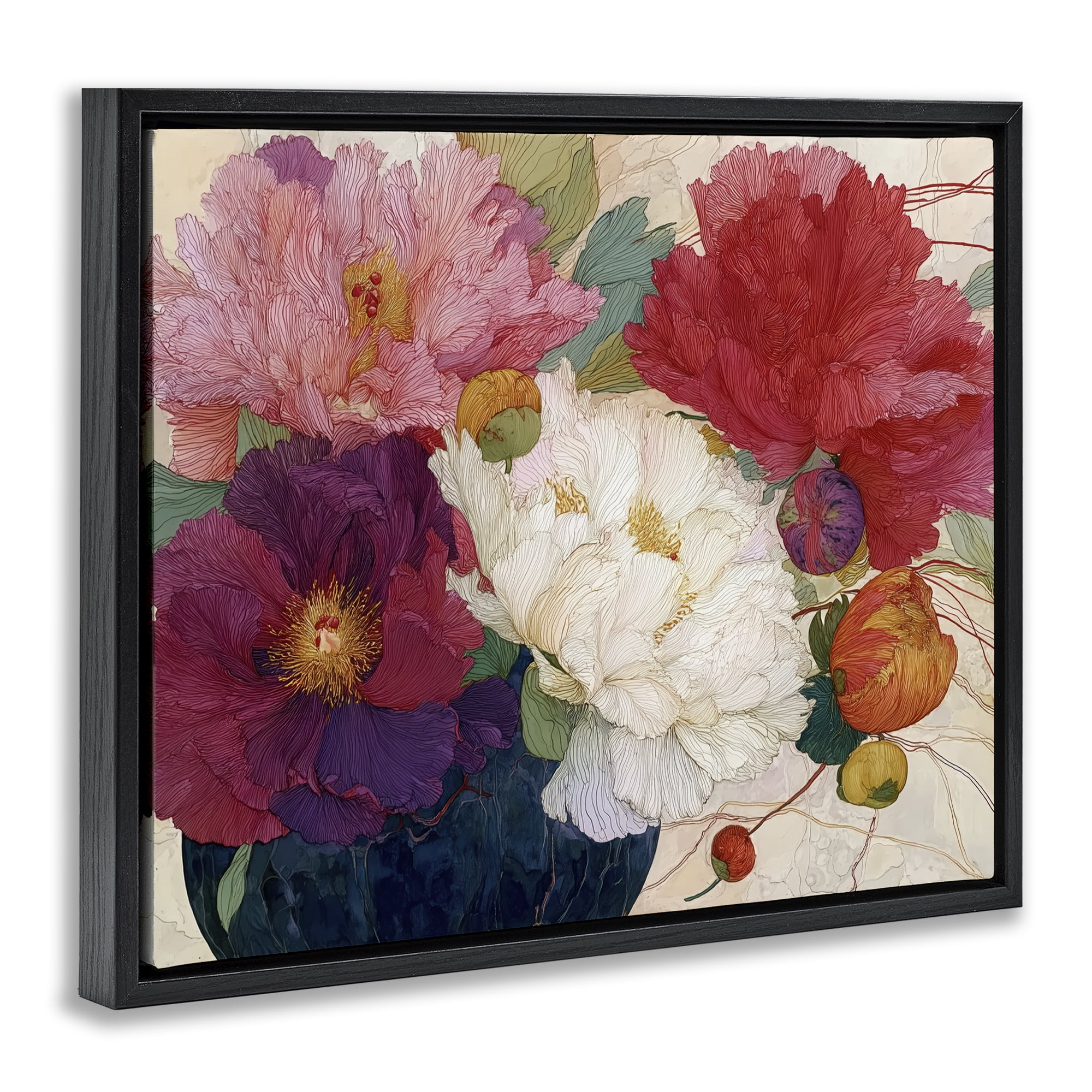 Haiku Ornate Flower Petals Black Framed Floater Canvas Wall Art, design by Annabelle Hall