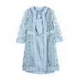 thumbnail image 4 of Puntoco Plus Size Women's Solid Color Lace Hollow Out Long Sleeve Cardigan + Sleeveless Dress Two Piece Sets Blouses Light Blue 12(XXL), 4 of 5