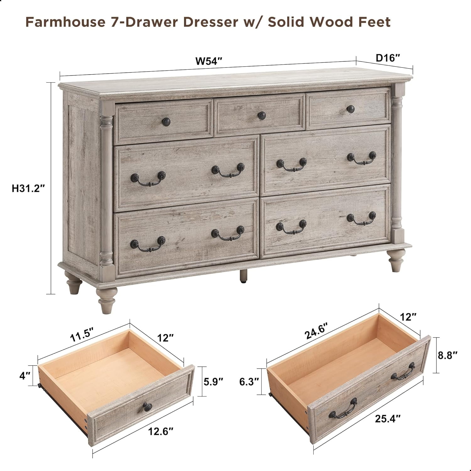 OKD 54" Wide 7 Drawers Dresser for Bedroom, Farmhouse Wooden Wide Chest of Drawers, Closet Clothes Storage Organizer for Living Room, Light Rustic Oak