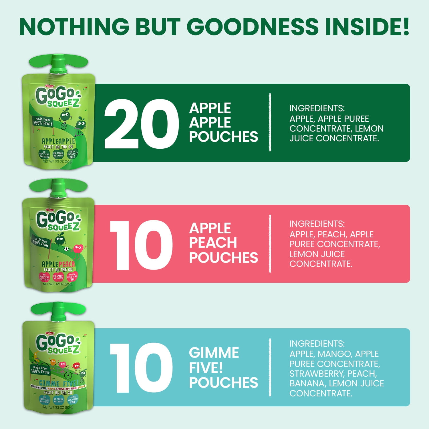 GoGo squeeZ Applesauce and Fruit Puree, Apple Apple, Apple Peach, and Gimme Five! Snack Pouches Variety Pack, 3.2 oz, 40 Pack