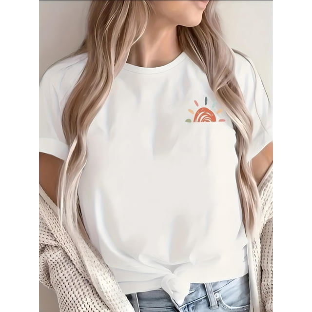 Camiseta de cuello redondo con estampado de atardecer, manga corta, informal, para primavera y verano, para mujer, para adultos, hombres, mujeres, adolescentes, jóvenes, deportiva, informal.