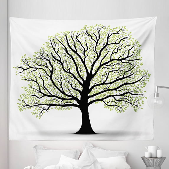 Tree of Life Tapestry, Big Old Leaves and Branches Nature Growth Ecology Themed Art, Fabric Wall Hanging Decor for Bedroom Living Room Dorm, 5 Sizes, Black White Green, by Ambesonne