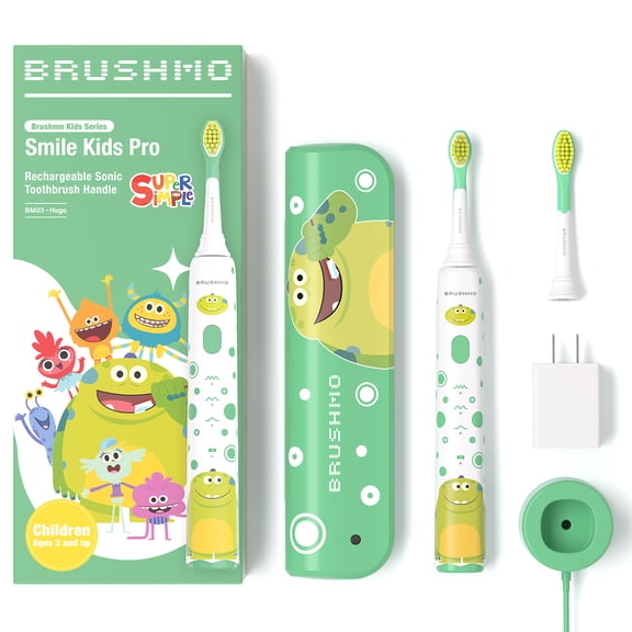 BRUSHMO x Super Simple Songs BM03 Kids Rechargeable Sonic Electric Toothbrush, Ages 3 , Hugo, 2 Brush Heads