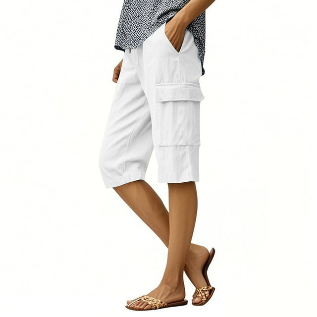 Mgmyaa Bermuda Cargo pour Femmes Longueur Genou Coton Lin Randonnée Shorts Taille Élastique à Cordon Été Décontracté Golf Voyage Extérieur Short avec Multiples Poches