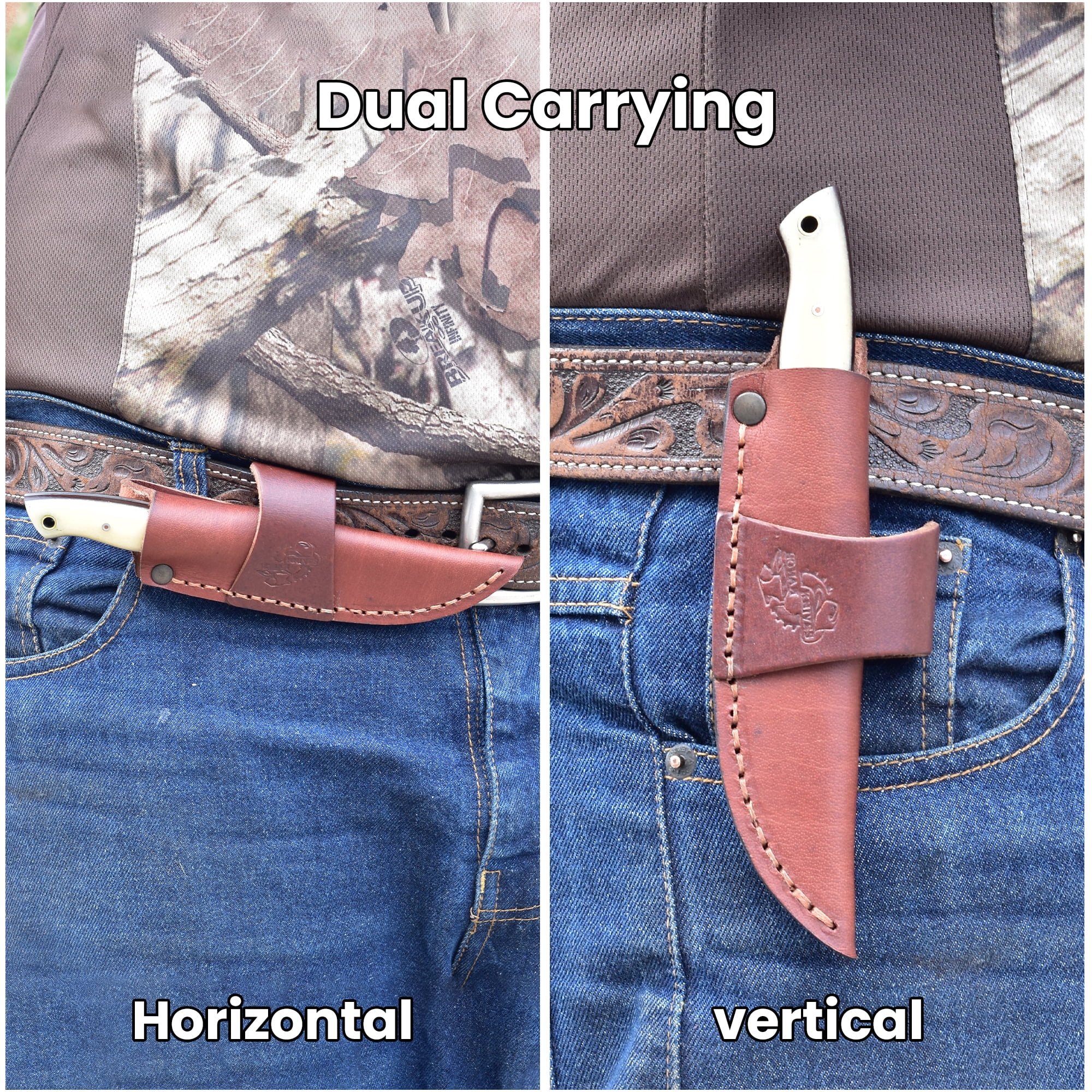 Knives Ranch Handmade EDC Fixed Blade Hunting Knife – Forged Damascus Steel – Natural Cattle Bone Handle – Horizontal Carry Sheath – Outdoor Cowboy Knife (3180-B)