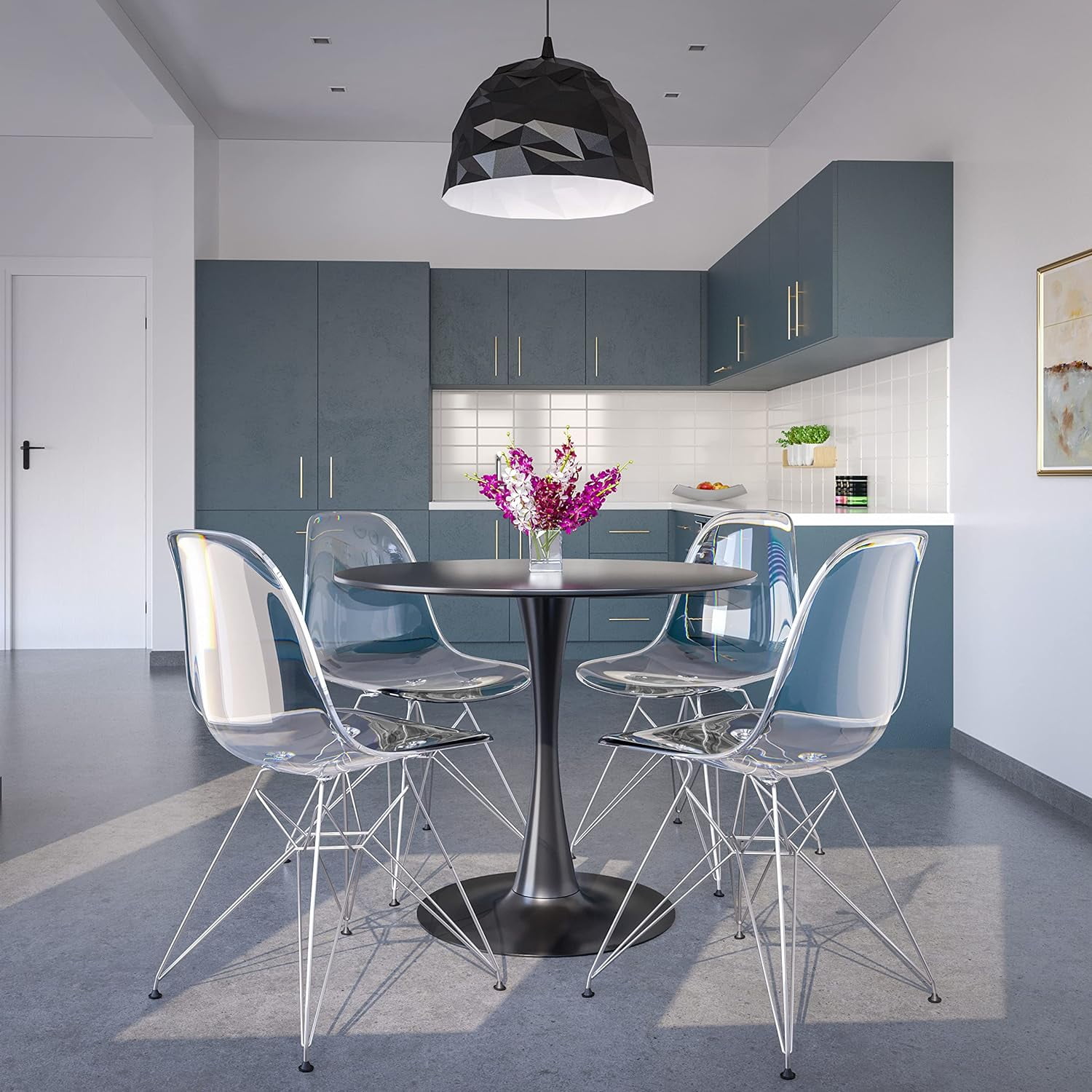Cresco Dining Chair in Acrylic with Chrome Eiffel Base and Curved Back Design Lightweight Easy Assembly for Modern Home, Kitchen, Cafes in Clear