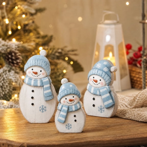 3 Pcs Blue Wooden Snowman Table Decor with Hat and Scarf,for Christmas Winter Year Home Decoration