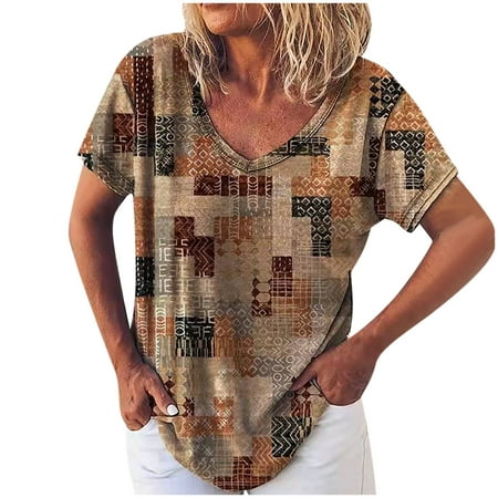 

Women Casual T-shirt Retro Printed V-Neck Short Sleeve Pullover Blouse Tops Summer Tops Brown XXL