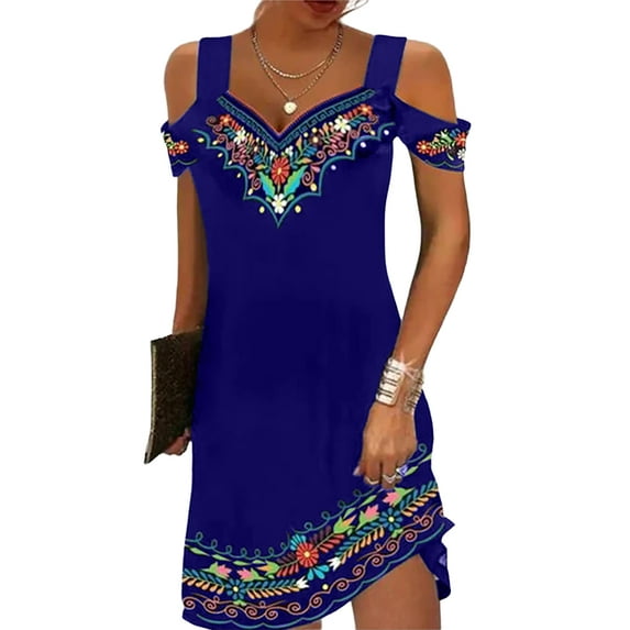 Gvmfive Women Summer Cold Shoulder Floral Dress Short Sleeve A-line Short Dress