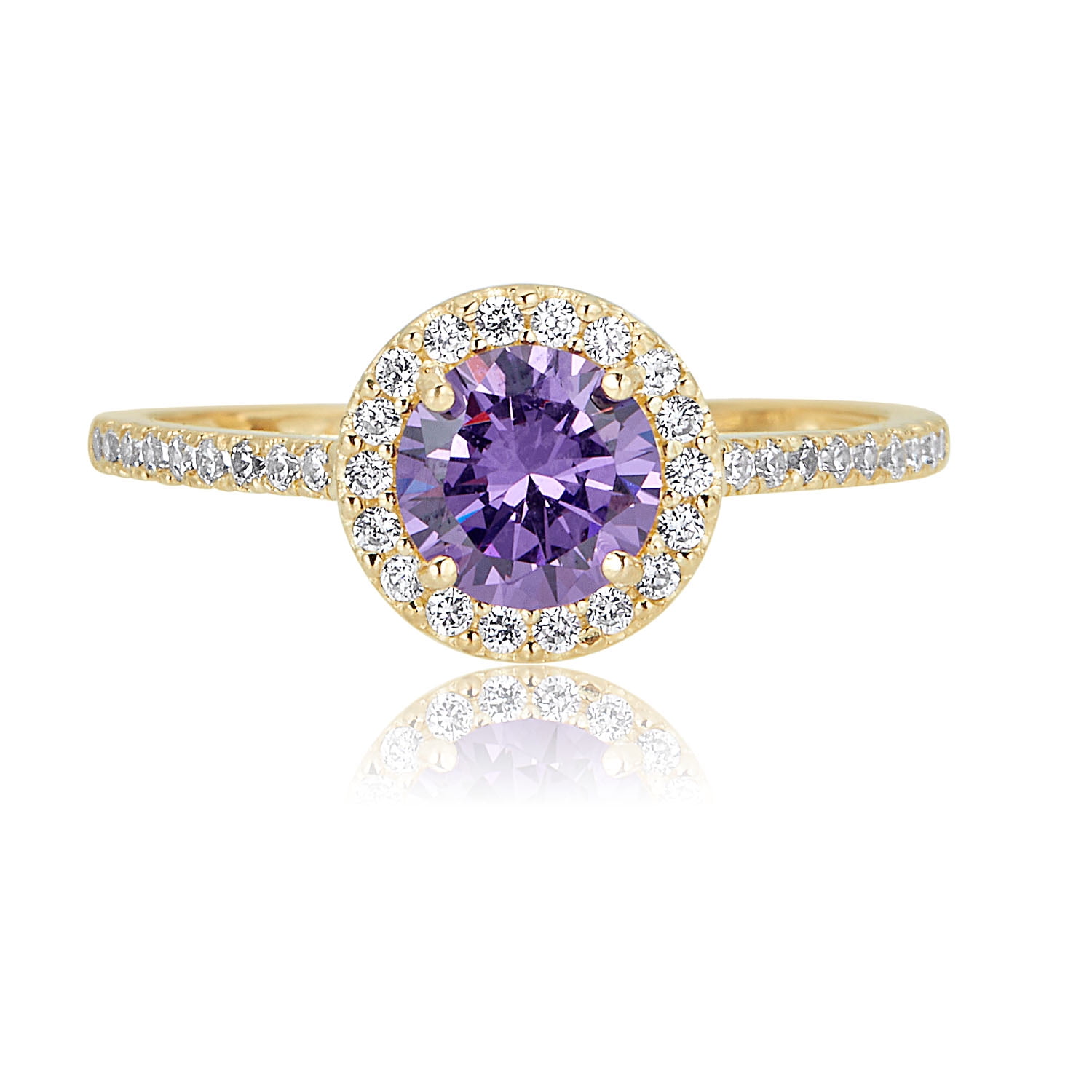 AVORA 10K Yellow Gold February Birthstone-Genuine Amethyst with Simulated Diamond CZ Halo Fashion Ring  - Size 6