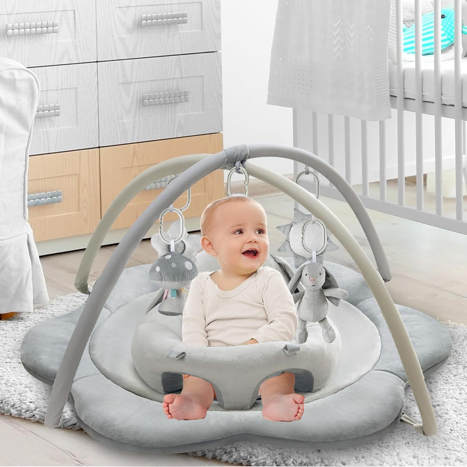 Baby Gym Play Mat, Sitting-up Babies Seats for Infants,with 5 Detachable Toys, Infant Toddler Activity Tummy Time Playmats for Newborn 0-12 Months, Grey