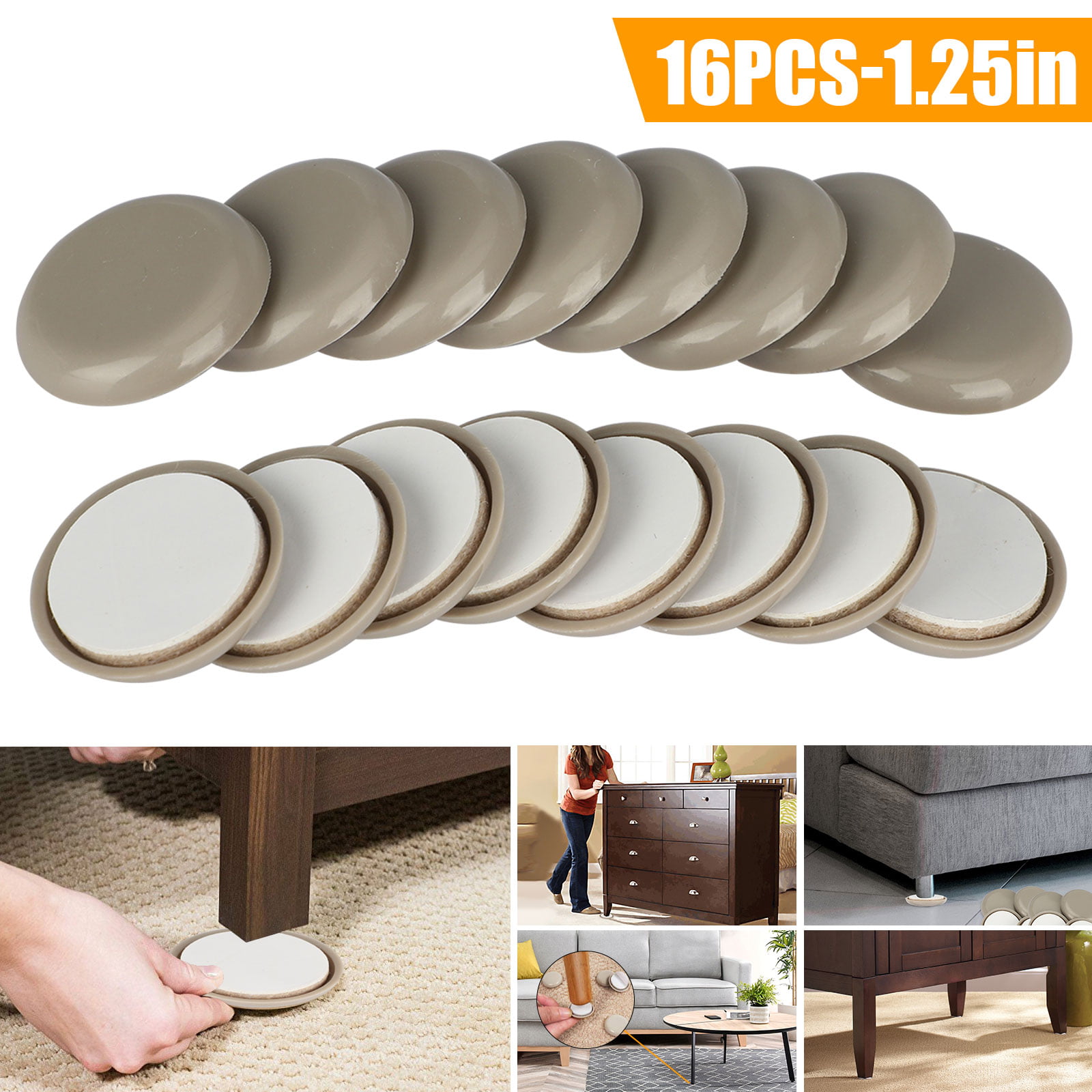 16 pcs Small Furniture Sliders Reusable for Carpet Hard Floor 3-1/2 Inch 