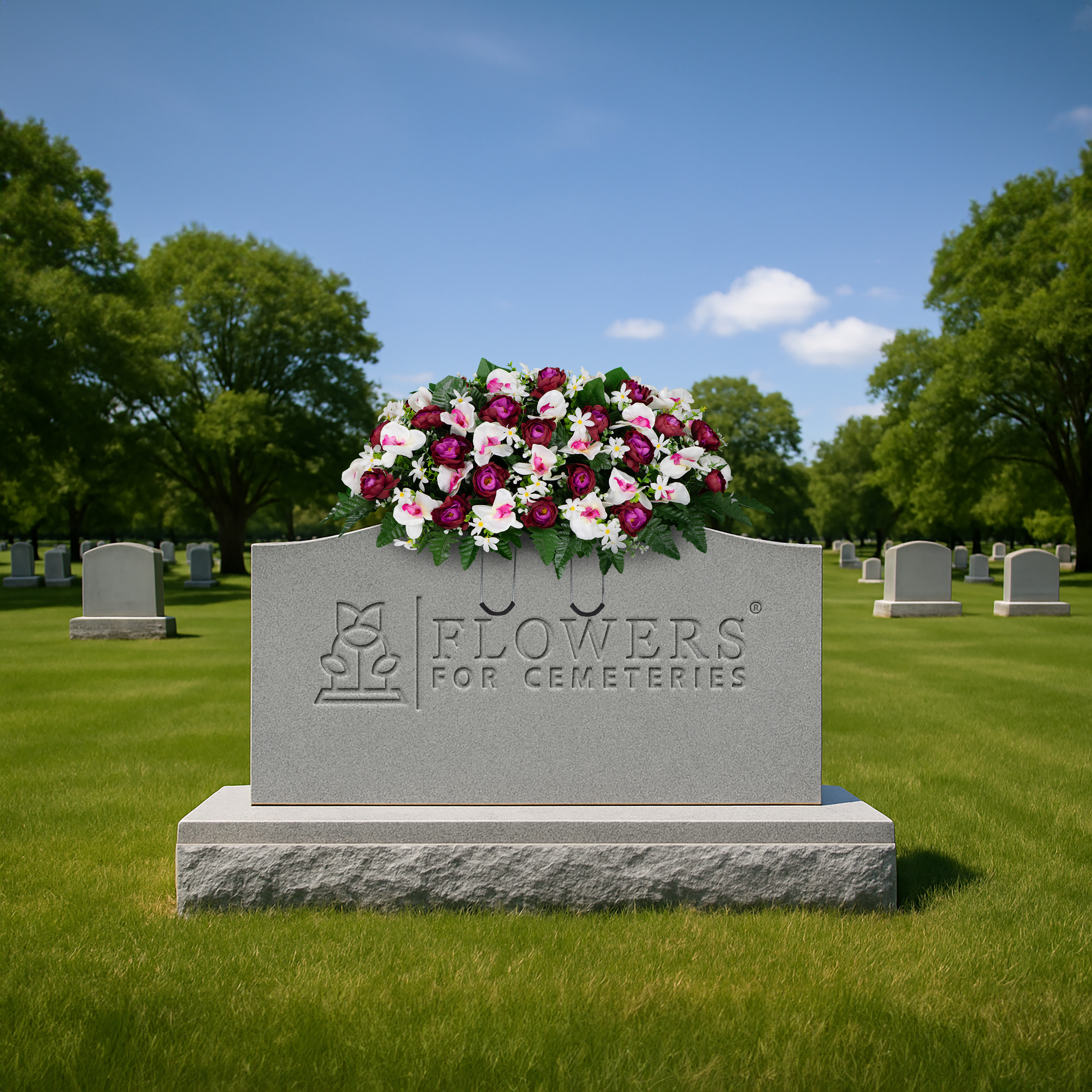 Sympathy Silks Artificial Cemetery Flowers - Violet Cabbage Rose and White Orchid - Saddle for Headstone