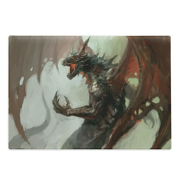 Medieval Cutting Board, Ilustration of Mythological Creature Dragon Imaginary Culture Animal Art, Decorative Tempered Glass Cutting and Serving Board, Large Size, Grey Red, by Ambesonne