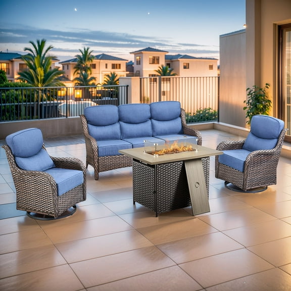 PARKWELL 4-Piece Outdoor Patio Furniture Set with Fire Pit,High Back Conversation with Swivel Glider Chairs,50,000 BTU,Luxury 6" Thick Cushions,Wicker Patio Set for Deck, Backyard,Brown/Navy