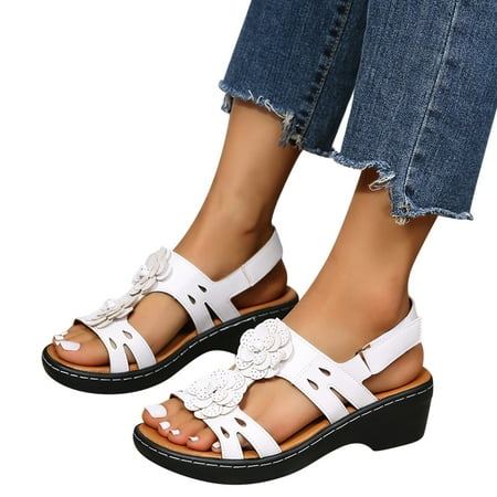 

ZIZOCWA Sandals Womens Large Size Sandals Buckle Strap Round Toe Flower Open Toe Retro Roman Wedge Sandals for Women White Size6.5