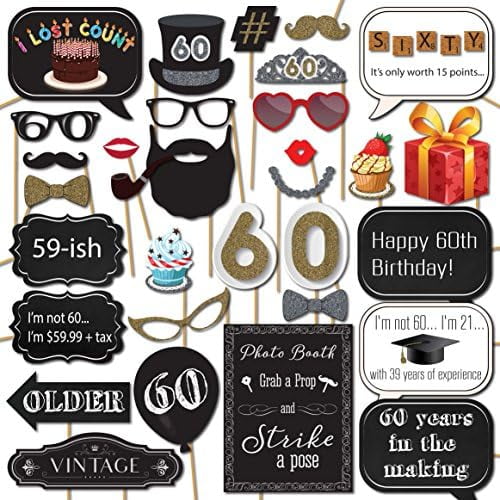 60th Birthday Photo Booth Props - 31-pc Selfie Props with 8 x 10-Inch Sign, 45 Adhesive Pads, 35 Sticks - Birthday Decorations$$Home Decor, Kitchen, & Other