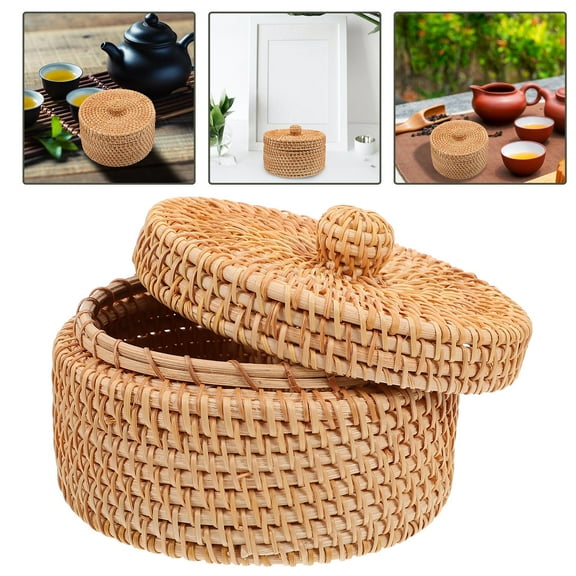 Raindrops Light Brown Plastic Rattan Organizer Box for Storage Decorative Desktop Storage Container 7.5x7.5x4.5 Inches
