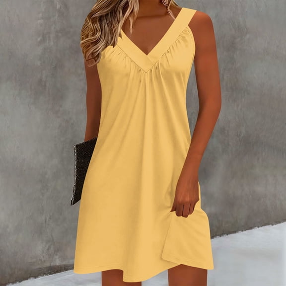 Fnooota Womens Casual Dresses, Vacation Sleeveless V Neck Summer Dresses Midi Dresses Yellow Size S-2XL