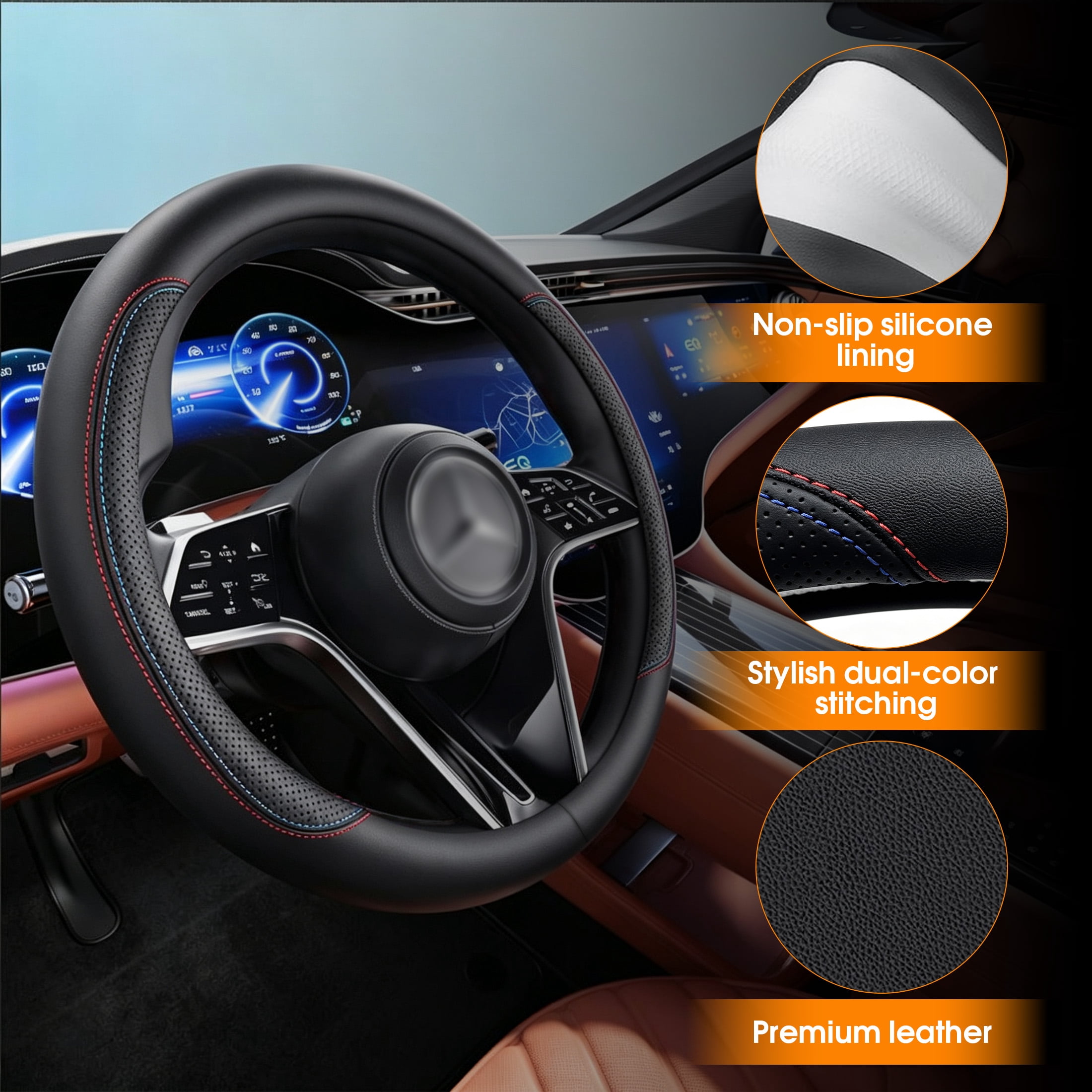 Car Steering Wheel Cover, Breathable Perforated Anti Slip Steering Wheel Protector, Universal Auto Steering Wheel Wrap for Most Vehicles, 14.5-15 Inch