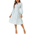 thumbnail image 2 of INSPIRE CHIC Women's Floral Dress Long Sleeve V Neck Pleated Flowy Summer Midi Dress M Blue, 2 of 6