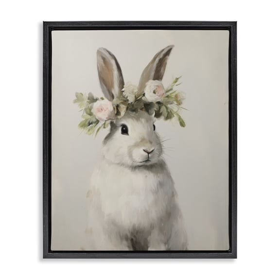 Stupell Industries French Country White Bunny Floral Crown Black Floating Frame Canvas Art, 17 x 21, by Arlington Prints