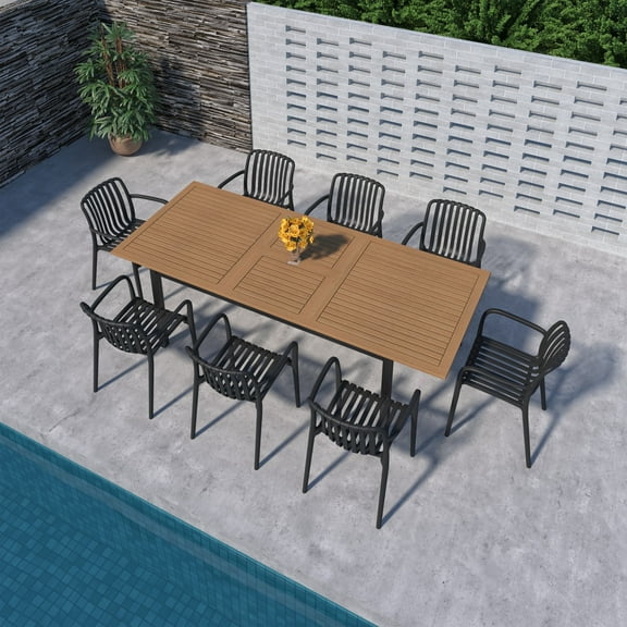 Amazonia Port of Mystique 9-Piece Teak Finish Wood 100% FSC Rectangular Patio Dining Set Black