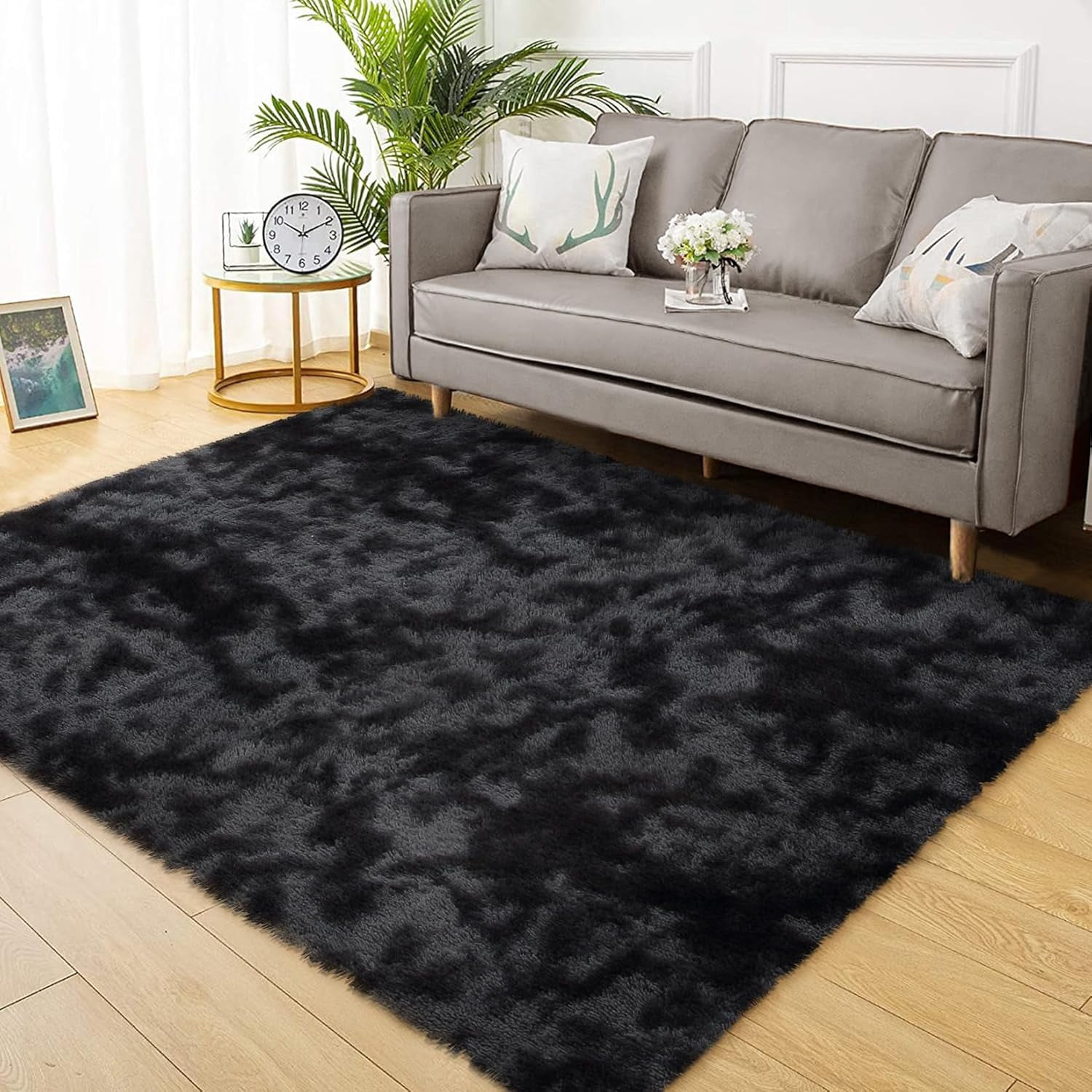 Memoryfield 5' x 8' Area Rug, Tie-Dye Plush Non-Skid Rug, for Bedroom Living Room Nursery, Black Gray
