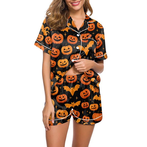 WTOBBY Ladies' Two-Piece Halloween Pajamas Set Loose Fit Short Sleeve Top & Soft Shorts Printed Sleepwear Comfortable Loungewear Home Wear Cozy Outfit,Black L