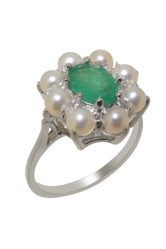 LBG British Made 925 Sterling Silver Natural Emerald & Cultured Pearl Womens Statement Ring - 33 size options - Size 11