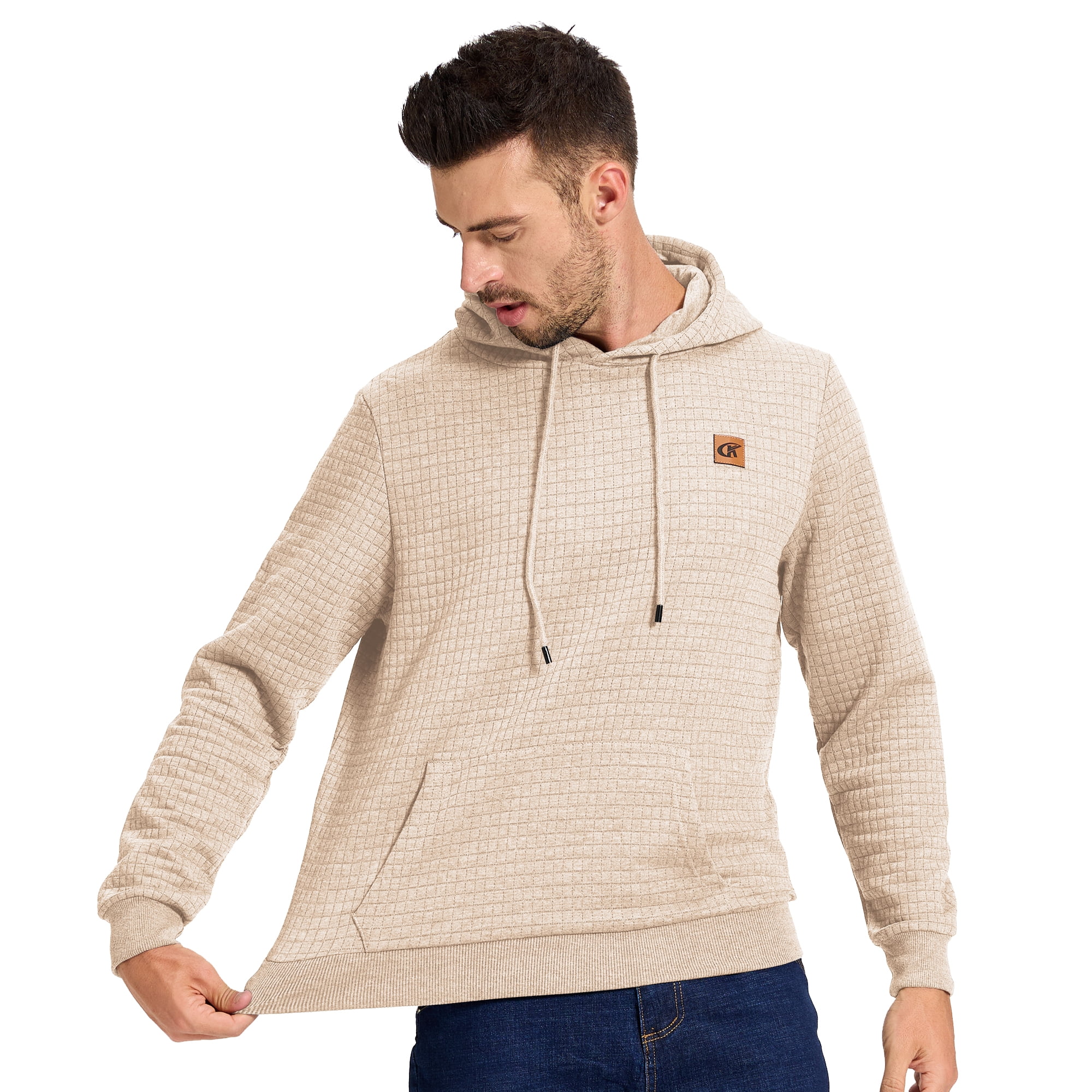 Satankud Men's Pullover Hoodies Plaid Jacquard Weave Long Sleeve Drawstring Hipster Casual Hooded Sweatshirts with Kanga Light Beige L