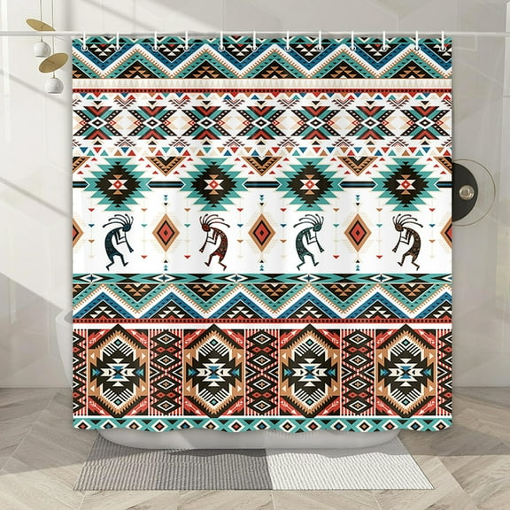 Boho Western Shower Curtain, Southwestern American Kokopelli Cloth Bath Curtain, Vintage Abstract Geometric Bohemian Bathroom Accessories with Hooks, Beige Teal, 72X72in