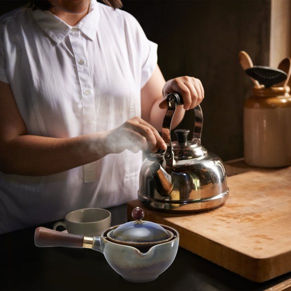 Phenofice Automático Rotatorio Té Pot Cerámico Con Asa De Madera Para Uso En Casa