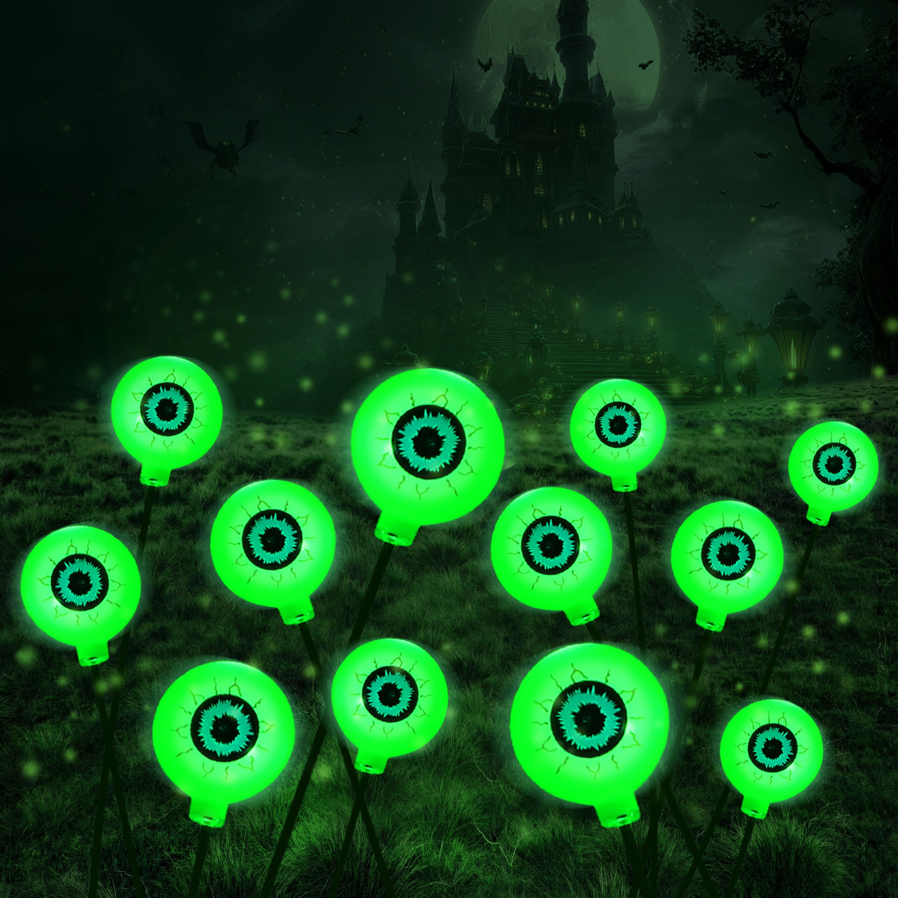 Joyfy 2 Pack Halloween Decorations Outdoor Solar Scary Eyeball Lights,Green Eyeball Swaying Firefly Lights,Waterproof Solar Halloween Path Lights for Yard Garden Lawn Decor
